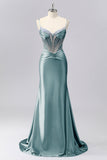 Sparkly Grey Blue Corset Mermaid Satin Long Formal Dress with Sequins