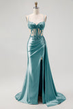 Sparkly Champagne Mermaid Corset Beaded Side Streamer Long Formal Dress with Slit