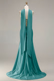 Strapless Mermaid Sparkly Champagne Satin Beaded Convertible Long Formal Dress