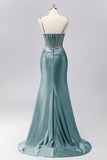 Sparkly Grey Blue Corset Mermaid Satin Long Formal Dress with Sequins