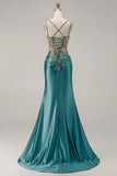 Sparkly Dark Green Satin Mermaid Beaded Sequin Long Formal Dress with Slit