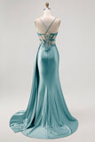 Sparkly Champagne Mermaid Corset Beaded Side Streamer Long Formal Dress with Slit