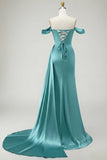 Mermaid Off the Shoulder Beaded Ruched Satin Golden Long Formal Dress with Slit