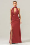 Fuchsia Sheath V-Neck Backless Long Bridesmaid Dress with Slit