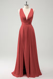 A-Line Peacock V-Neck Backless Bridesmaid Dress with Slit