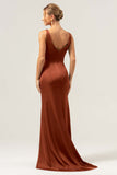 Burgundy Sheath V Neck Ruched High-Low Bridesmaid Dress with Slit