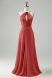 A-Line Fuchsia Halter Cut Out Long Bridesmaid Dress with Flower