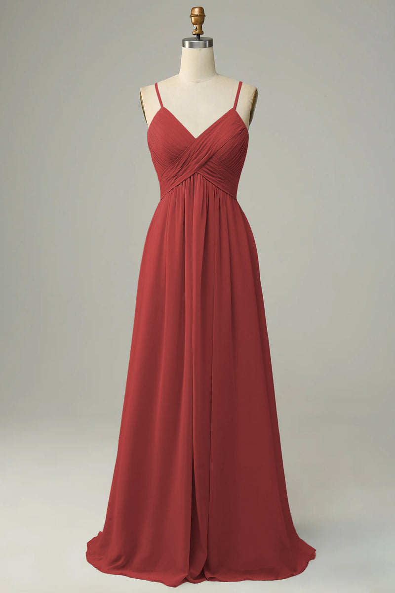 Load image into Gallery viewer, Spaghetti Straps Terracotta Sleeveless Long Bridesmaid Dress