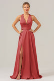 A Line Terracotta V-Neck Backless Satin Long Bridesmaid Dress with Slit