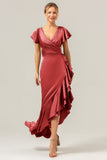 A Line Terracotta V Neck Satin Asymmetrical Bridesmaid Dress with Slit