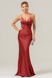 Terracotta Mermaid Spaghetti Straps Hollow Out Twist Front Bridesmaid Dress