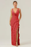 Mermaid Terracotta Deep V Neck Backless Long Bridesmaid Dress with Slit