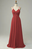 Spaghetti Straps Terracotta Sleeveless Long Bridesmaid Dress