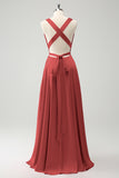 A-Line Dusty Sage V-Neck Backless Bridesmaid Dress with Slit