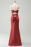 Terracotta Mermaid Spaghetti Straps Hollow Out Bridesmaid Dress