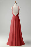 Halter A-Line Terracotta Cut Out Long Bridesmaid Dress with Flower