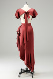 Fuchsia V-Neck Satin Sheath Wedding Guest Dress with Ruffles