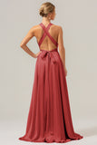 A Line Terracotta V-Neck Backless Satin Long Bridesmaid Dress with Slit