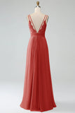 Terracotta A-Line Spaghetti Straps Pleated Chiffon Long Bridesmaid Dress