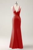 Terracotta Mermaid V Neck Satin Long Bridesmaid Dress