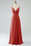 A-Line Twilight Spaghetti Straps Pleated Chiffon Long Bridesmaid Dress