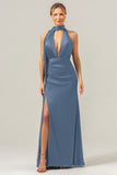 Fuchsia Sheath V-Neck Backless Long Bridesmaid Dress with Slit