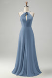 Halter A-Line Dusty Sage Cut Out Long Bridesmaid Dress with Flower