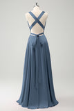 A-Line Dusty Sage V-Neck Backless Bridesmaid Dress with Slit