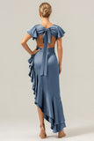 A Line Terracotta V Neck Satin Asymmetrical Bridesmaid Dress with Slit