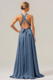 A Line Terracotta V-Neck Backless Satin Long Bridesmaid Dress with Slit