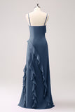 Peacock Spaghetti Straps Chiffon Bridesmaid Dress with Ruffle