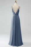 A-Line Twilight Spaghetti Straps Pleated Chiffon Long Bridesmaid Dress