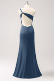 Dusty Blue One Shoulder Mermaid Satin Long Bridesmaid Dress