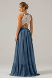 Terracotta Chiffon Keyhole Boho Halter Long Bridesmaid Dress with Lace