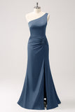 Dusty Blue One Shoulder Mermaid Satin Long Bridesmaid Dress