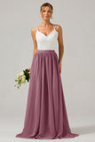 Vintage Mauve Spaghetti Straps Open Back Chiffon Long Boho Bridesmaid Dress with Lace