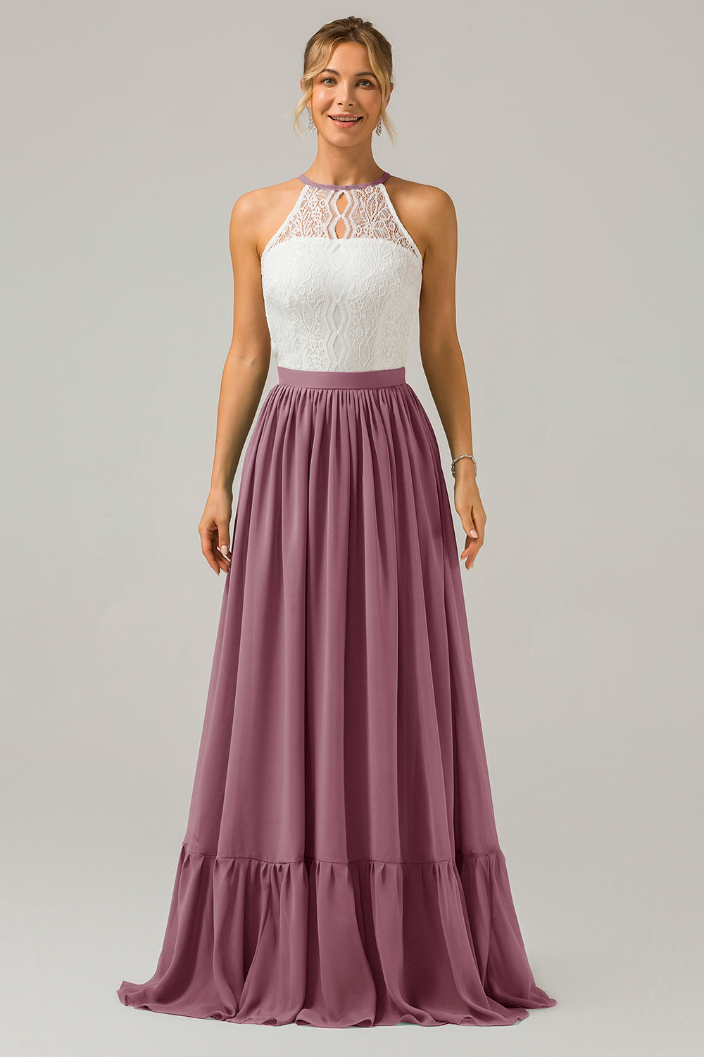 Vintage Mauve Chiffon Keyhole Boho Halter Long Bridesmaid Dress with Lace