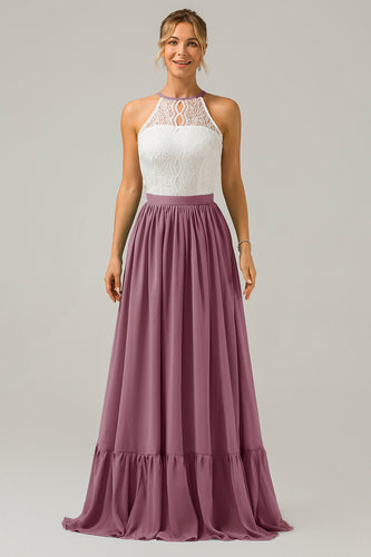 Vintage Mauve Chiffon Keyhole Boho Halter Long Bridesmaid Dress with Lace