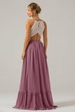 Terracotta Chiffon Keyhole Boho Halter Long Bridesmaid Dress with Lace