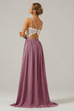 Vintage Mauve Spaghetti Straps Open Back Chiffon Long Boho Bridesmaid Dress with Lace