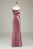 Dusty Rose Sheath Spaghetti Straps Satin Long Bridesmaid Dress