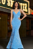 Load image into Gallery viewer, Sparkly Blue Spaghetti Straps Long Mermaid Prom Dress With Sequins