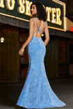 Sparkly Blue Spaghetti Straps Long Mermaid Prom Dress With Sequins