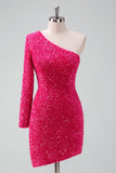 Sparkly Fuchsia One Shoulder Tight Short Cocktail Dress with Fringe