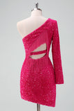 Sparkly Fuchsia One Shoulder Tight Short Cocktail Dress with Fringe