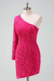 Sparkly Fuchsia One Shoulder Tight Short Cocktail Dress with Fringe