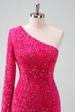 Sparkly Fuchsia One Shoulder Tight Short Cocktail Dress with Fringe