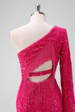 Sparkly Fuchsia One Shoulder Tight Short Cocktail Dress with Fringe