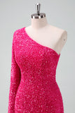 Sparkly Fuchsia One Shoulder Tight Short Cocktail Dress with Fringe