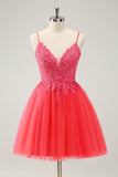 Hot Pink A Line Spaghetti Straps Homecoming Dress with Appliques